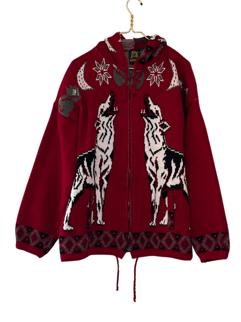 Rumiñahui Vintage Wool Wolf Full Zip Hooded Sweater Jacket Red Large